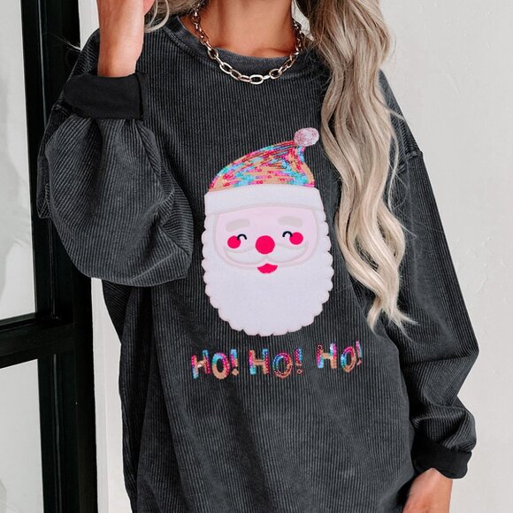 B228 Black Sequin HoHoHo Santa Graphic Corded Sweatshirt - Picture 2 of 5